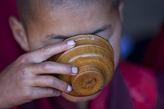 年轻,僧侣,喝,牛奶,木碗,不丹
