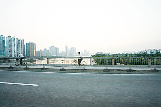 中国,广东,广州,骑车,穿过,桥,摩天大楼,远景