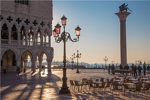威尼斯,意大利,总督,宫殿,圣马克,广场,柱子,晨光