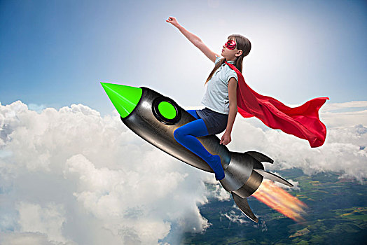 小女孩,飞,火箭,超人,概念