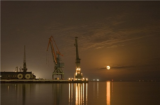 起重机,港口,反射,月亮,水,巴库,阿塞拜疆
