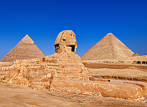 狮身人面像,胡夫金字塔,右边,卡夫拉金字塔,左边,吉萨金字塔,埃及,非洲