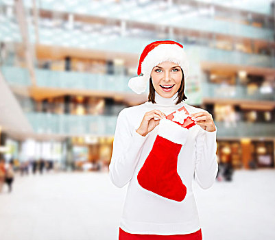 圣诞节,冬天,高兴,休假,人,概念,微笑,女人,圣诞老人,帽子,小,礼盒,圣诞袜,上方,购物中心,背景