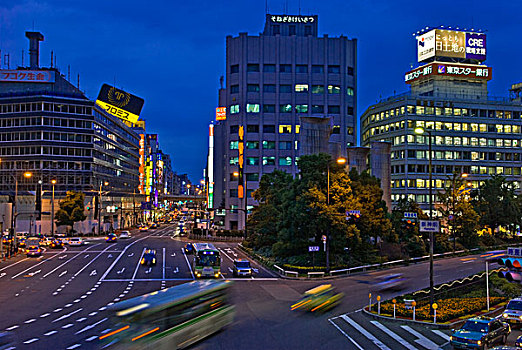 霓虹,交通,模糊,黃昏,梅田,大阪,日本,亚洲