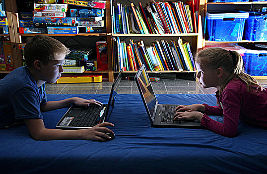 兄弟姐妹,男孩,12岁,女孩,10岁,玩,电脑游戏,两个,笔记本电脑,房间