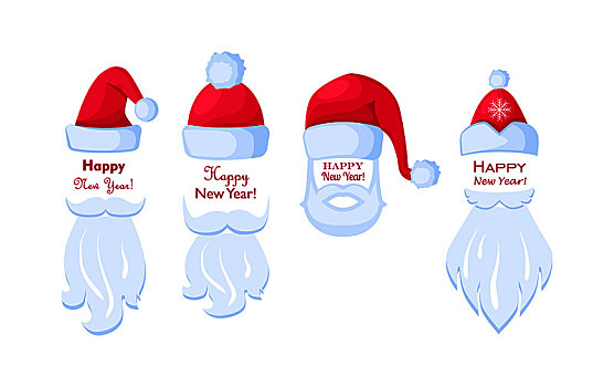 新年快乐,海报,圣诞老人,帽,不同,胡须,隔绝,白色背景,背景,雪花,矢量,插画,卡通,圣诞节,喜庆,设计,白色