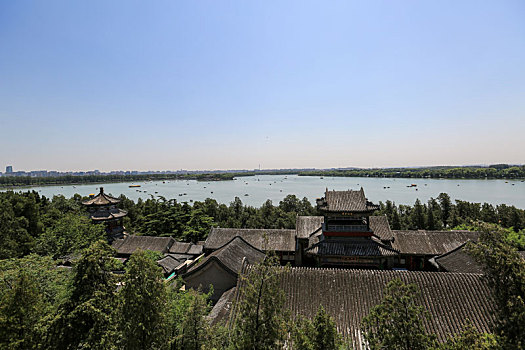 从北京颐和园画中游俯瞰颐和园建筑及昆明湖