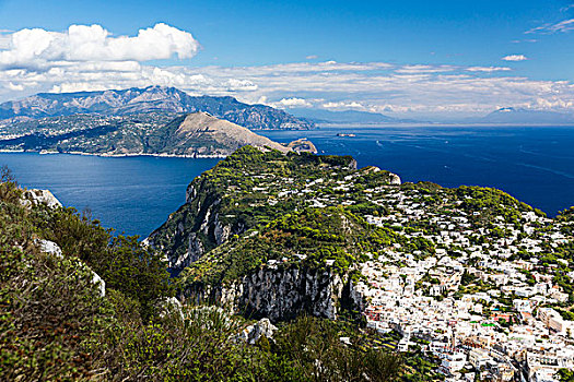 俯视图,卡普里岛,索伦托,半岛,背景,那不勒斯湾,伊特鲁里亚海,坎帕尼亚区,意大利