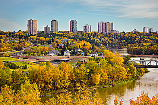 秋天,城市天际线,艾伯塔省,加拿大
