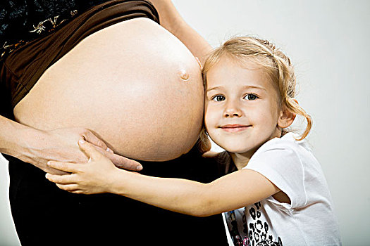 女孩,腹部,怀孕,母亲