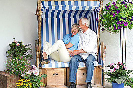 退休,情侣,放松,花园,座椅
