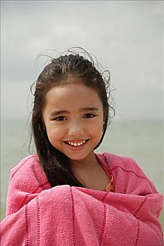 女孩,海滩,粉色,毛巾,微笑