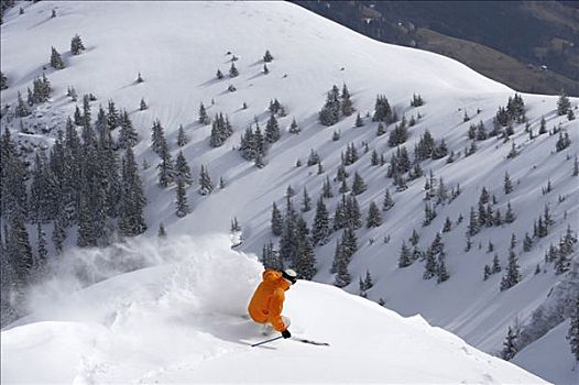 男人,滑雪,雪,山,斜坡,俯视