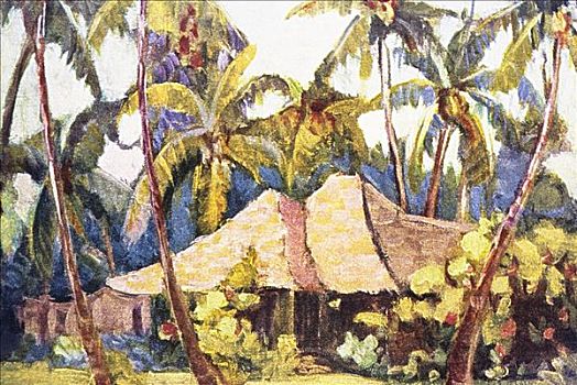 艺术,夏威夷,小屋,茂密,山谷,棕榈树