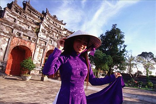 越南,色调,城堡,女人,传统,越南人,连衣裙