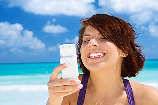 高兴,女人,白色,电话,海滩