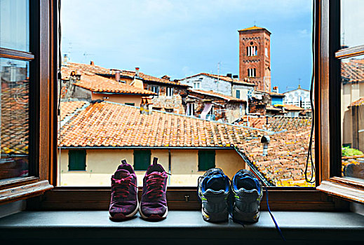 鞋,正面,窗户,中世纪,城镇,卢卡,古建筑,意大利