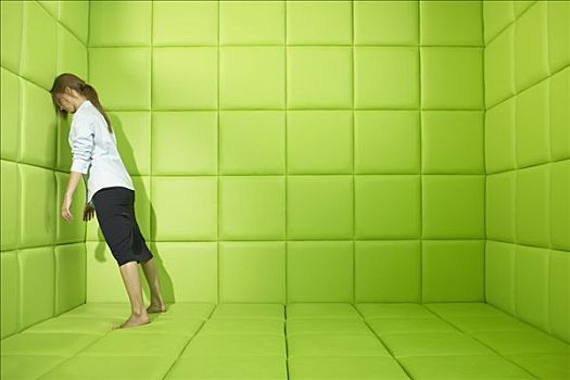 女人,推,墙壁,绿色,房间