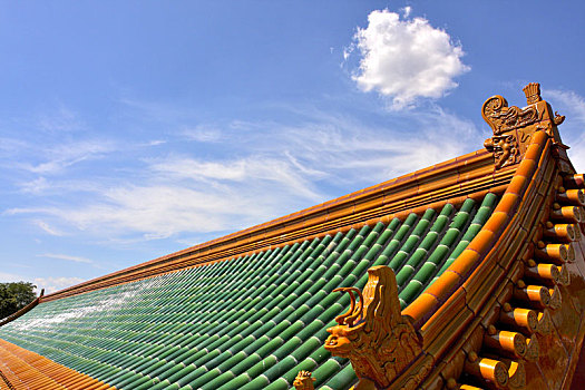 故宫宫殿屋顶上的走兽与绿色黄色琉璃瓦