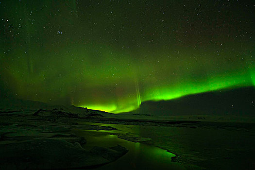 结冰,泻湖,杰古沙龙湖,瓦特纳冰川,国家公园,北极光,反射,欧洲,北欧,冰岛