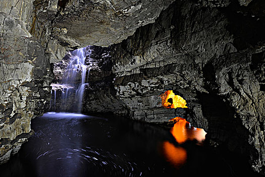 瀑布,洞穴,照亮,钨,舌头,萨瑟兰,苏格兰,英国,欧洲