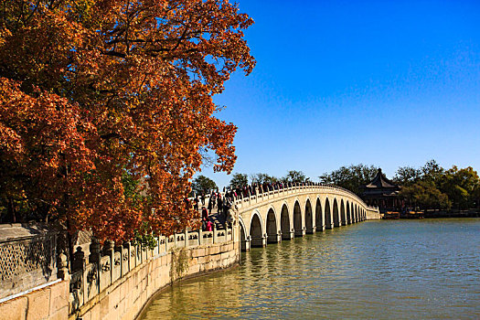 十七孔桥,北京,颐和园,皇家园林,昆明湖,万寿山,长廊,古建筑,东方元素,园林,阳光,天空,晴朗