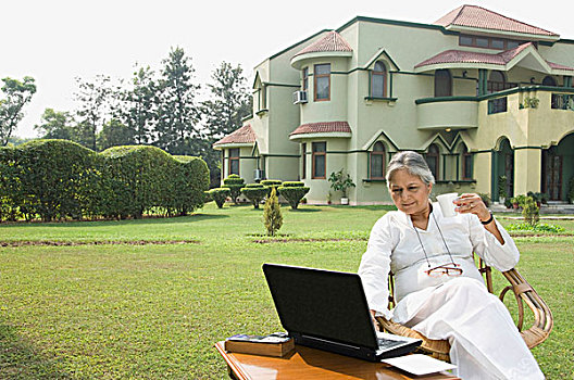 女人,工作,笔记本电脑,草地,新德里,印度