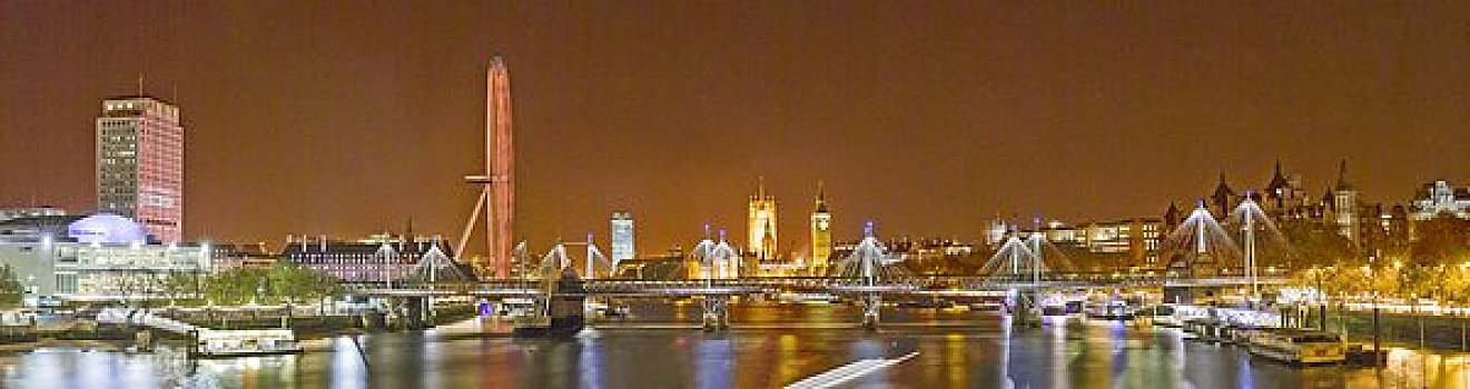 英格兰,伦敦,全景,滑铁卢桥,泰晤士河,地标建筑,皇家节日大厅,伦敦眼,大本钟,议会大厦