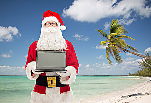 圣诞节,广告,科技,旅行,人,概念,男人,服饰,圣诞老人,笔记本电脑,上方,热带沙滩,背景