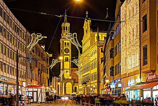 圣诞节,光亮,圣诞时节,塔,市政厅,夜晚,奥格斯堡,斯瓦比亚,巴伐利亚,德国,欧洲