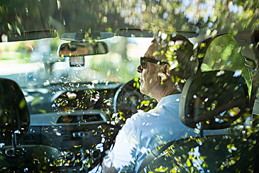 老人,驾驶,汽车,风景,后面,挡风玻璃,后视图