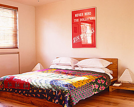 海报,高处,低,木质,平台式床,遮盖,愉悦,彩色,被子