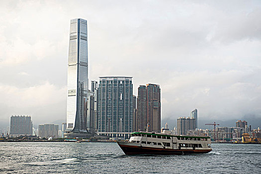 天际线,小船,前景,香港,中国