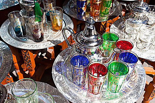罐,薄荷茶,玻璃,露天市场,玛拉喀什,摩洛哥