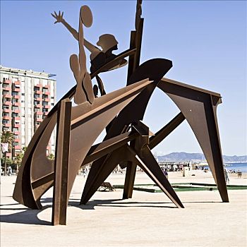 雕塑,海滩,巴塞罗那,加泰罗尼亚,西班牙,欧洲