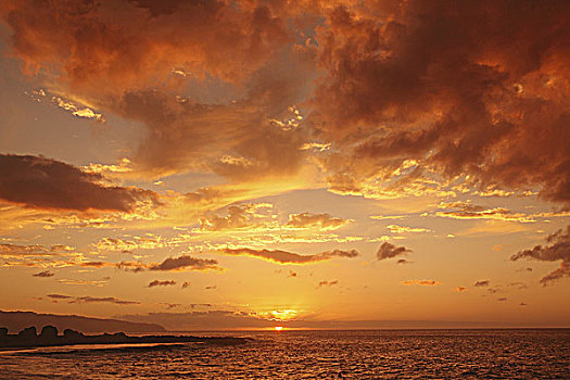 夏威夷,瓦胡岛,北岸,日落,上方,海洋
