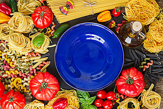 生食,意大利面,蓝色,留白,蓝色背景,盘子