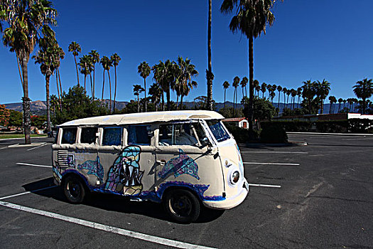 冰淇淋车,棕榈树,蓝天,北美洲,美国,加利福尼亚州,圣塔芭芭拉,海滩,风景,全景,文化,景点,旅游