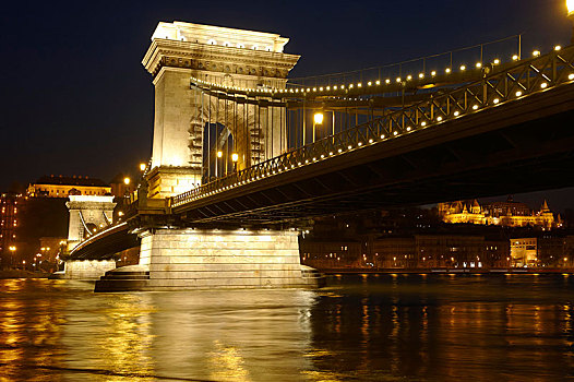 链索桥,上方,多瑙河,夜晚,布达佩斯,匈牙利,欧洲
