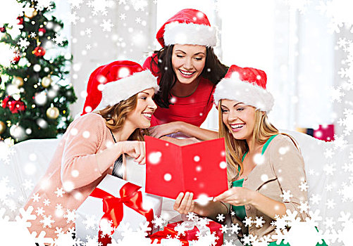 圣诞节,圣诞,冬天,高兴,概念,三个,微笑,女人,圣诞老人,帽子,卡,许多,礼盒