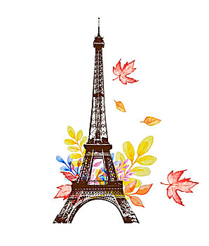 秋天,背景,水彩,叶子,埃菲尔铁塔