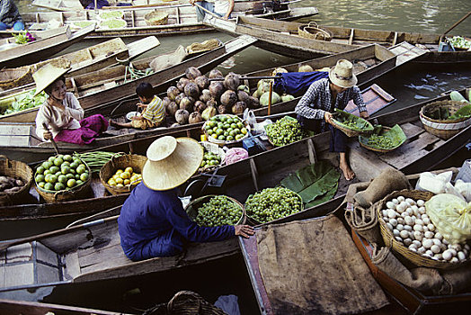 泰国,靠近,曼谷,水上市场,运河,船,食物,农产品,商品