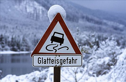 交通标志,危险,黑冰,湖,瓦尔幸湖,巴伐利亚,德国,欧洲