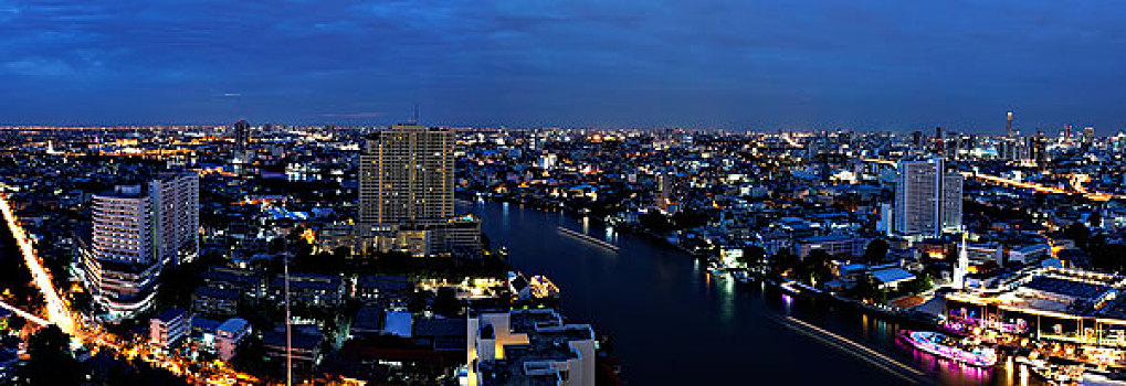 全景,市区,曼谷,晚上,泰国,亚洲