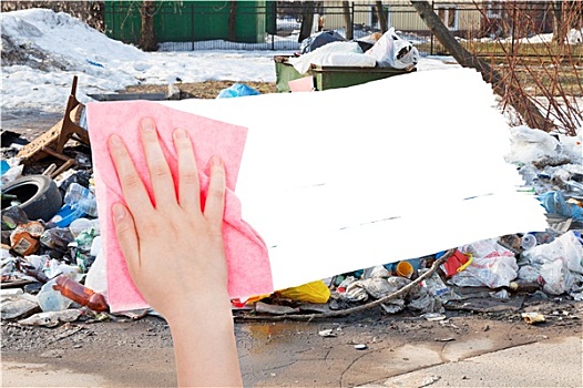 手,城市,垃圾箱,粉色,抹布