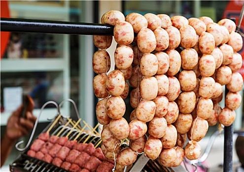 泰国,风格,烤香肠,街上,市场