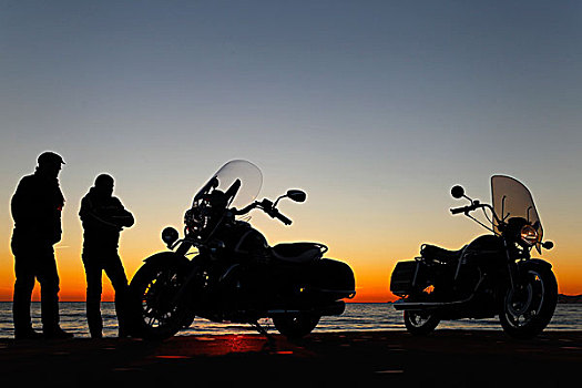 摩托车,加利福尼亚,老,站立,正面,落日,驾驶员,逆光,海洋,背景