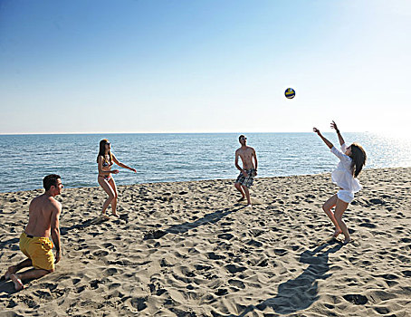 年轻人,群体,开心,玩,沙滩排球,晴朗,夏天