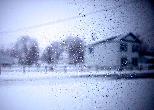 向外看,窗,风景,模糊,积雪,房子