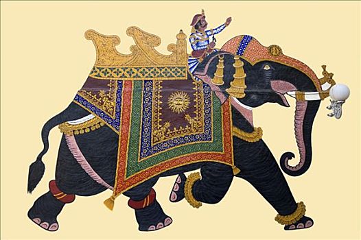 大象,绘画,城市宫殿,乌代浦尔,拉贾斯坦邦,印度,南亚